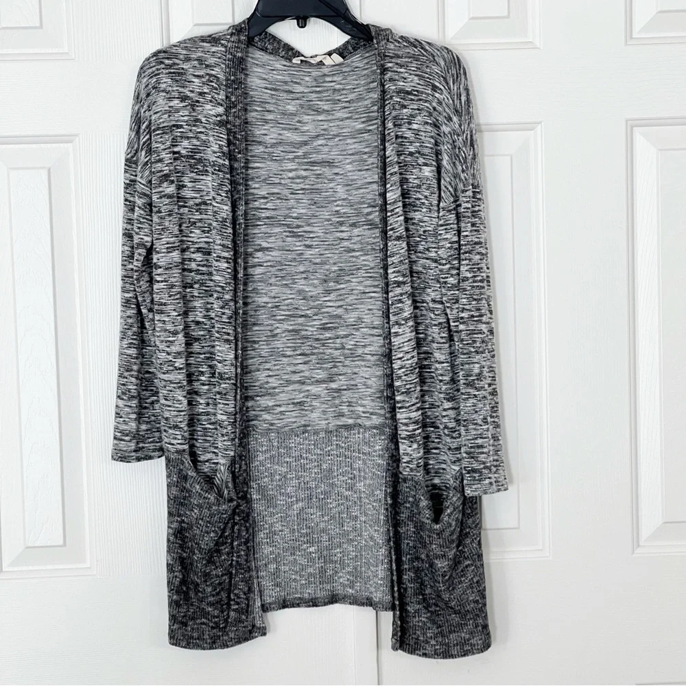 Soft Surroundings Marled Open Front Cardigan Sweater Top Pockets Small Gray